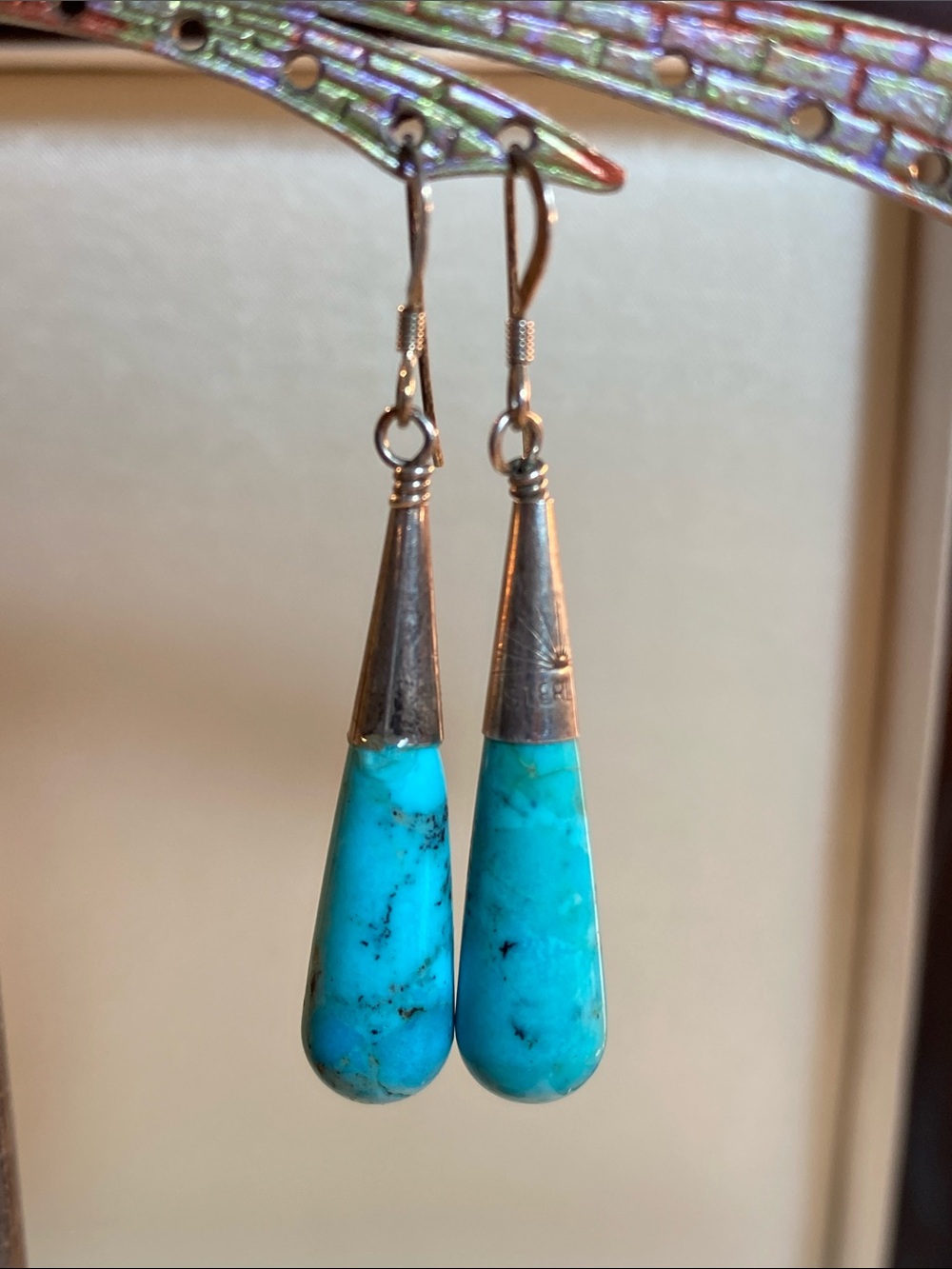 Native American Sterling Silver Genuine Turquoise Drop Earrings Vintage